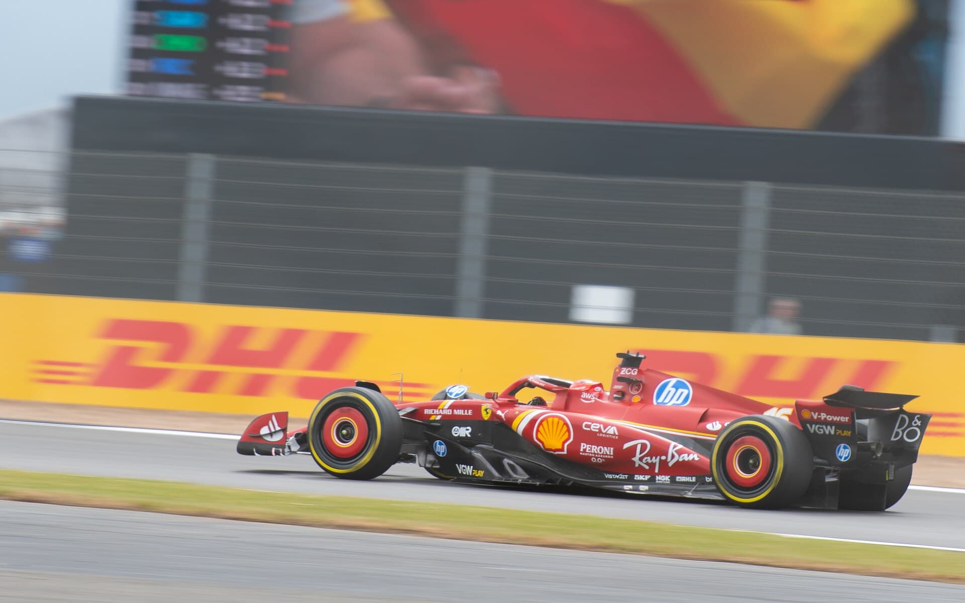 Charles Leclerc driving a Ferrari at the 2024 British Grand Prix