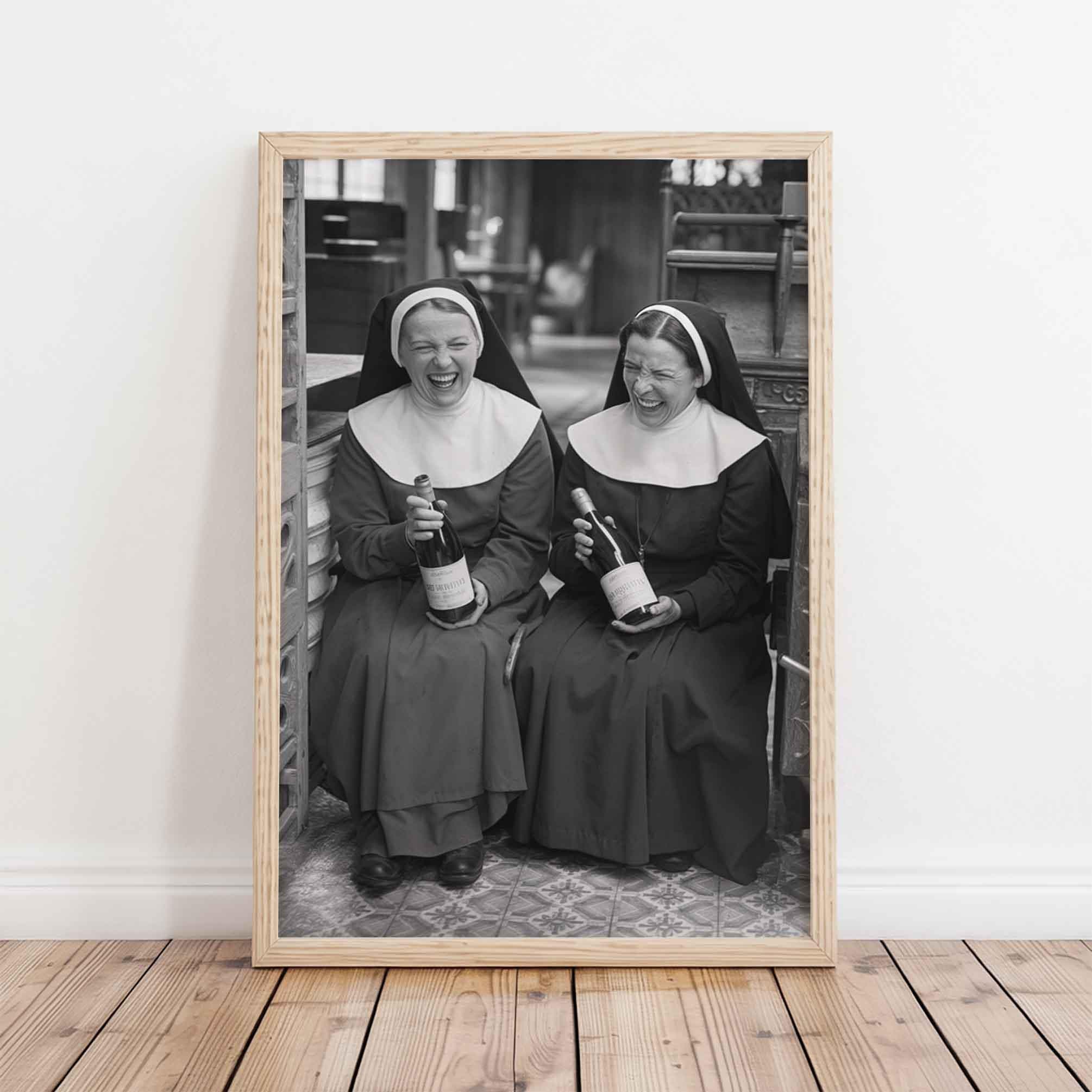 Nuns Drinking Wine Poster: Black and White Christian Humor, Bar or Kitchen Art
