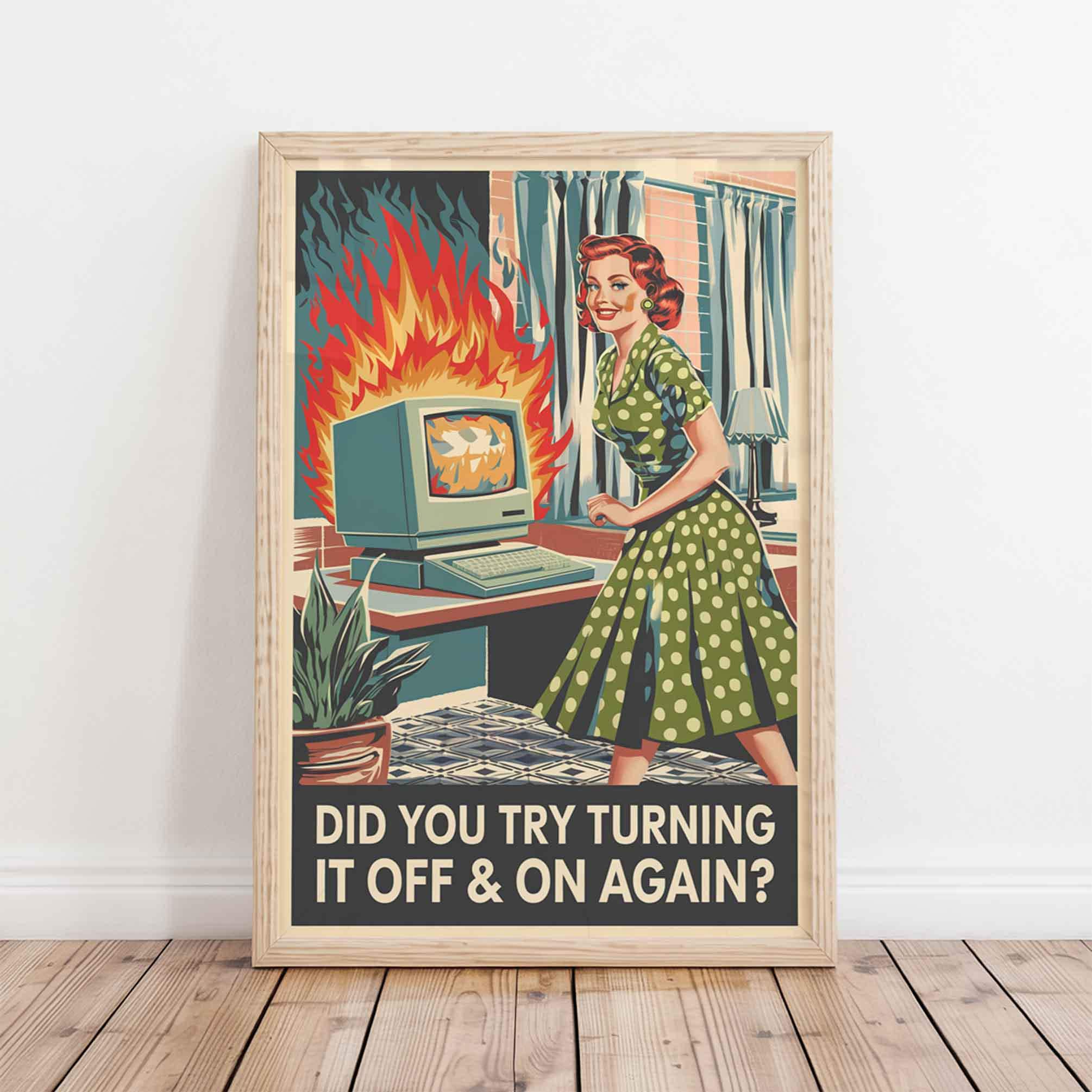 Vintage Tech Support Art Poster: 1950s Woman, Humorous IT Decor