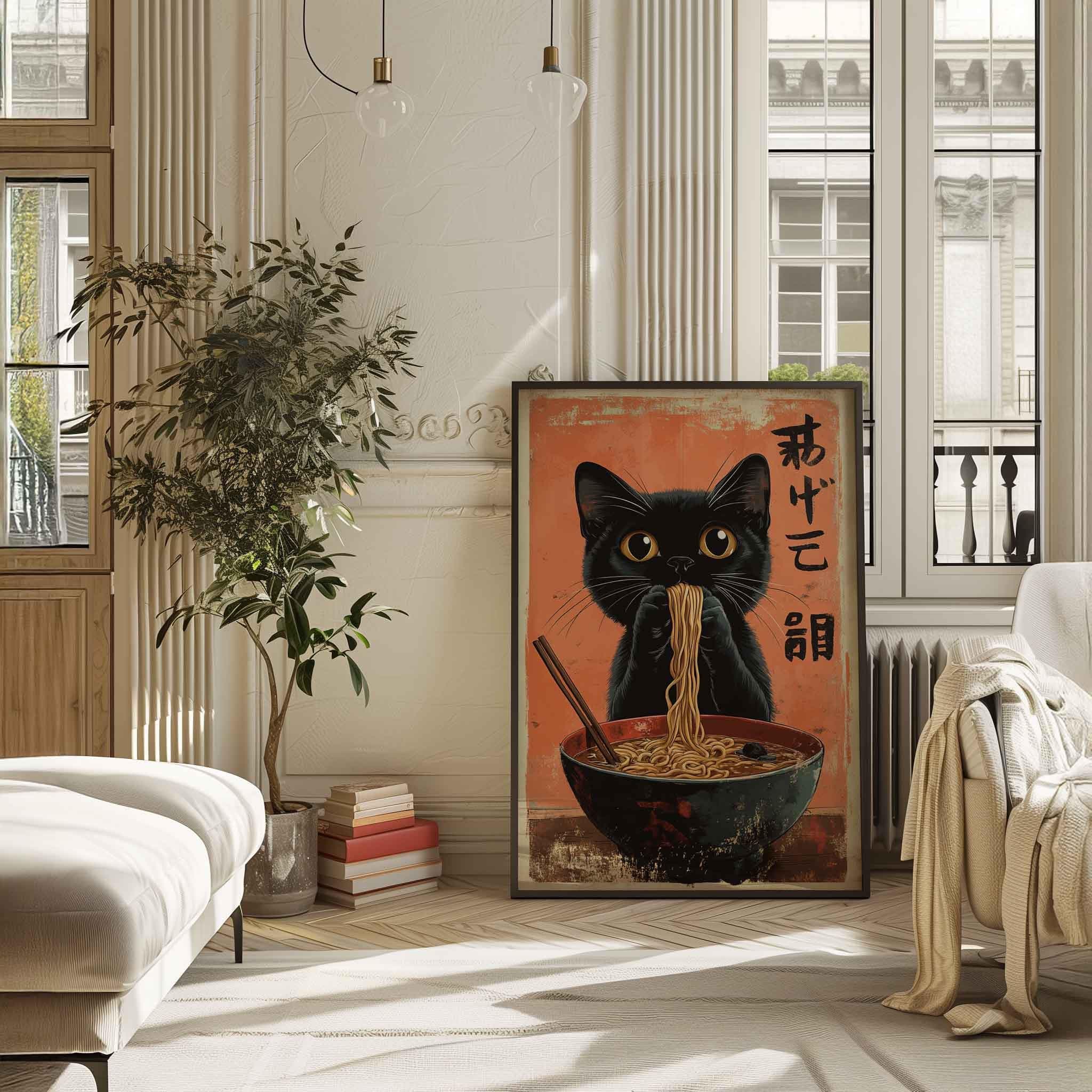Adorable Black Cat Eating Ramen Noodles Poster - Cute Japanese Food & Feline Art Print for Kitchen, Cafe, or Unique Cat Lover's Wall Decor