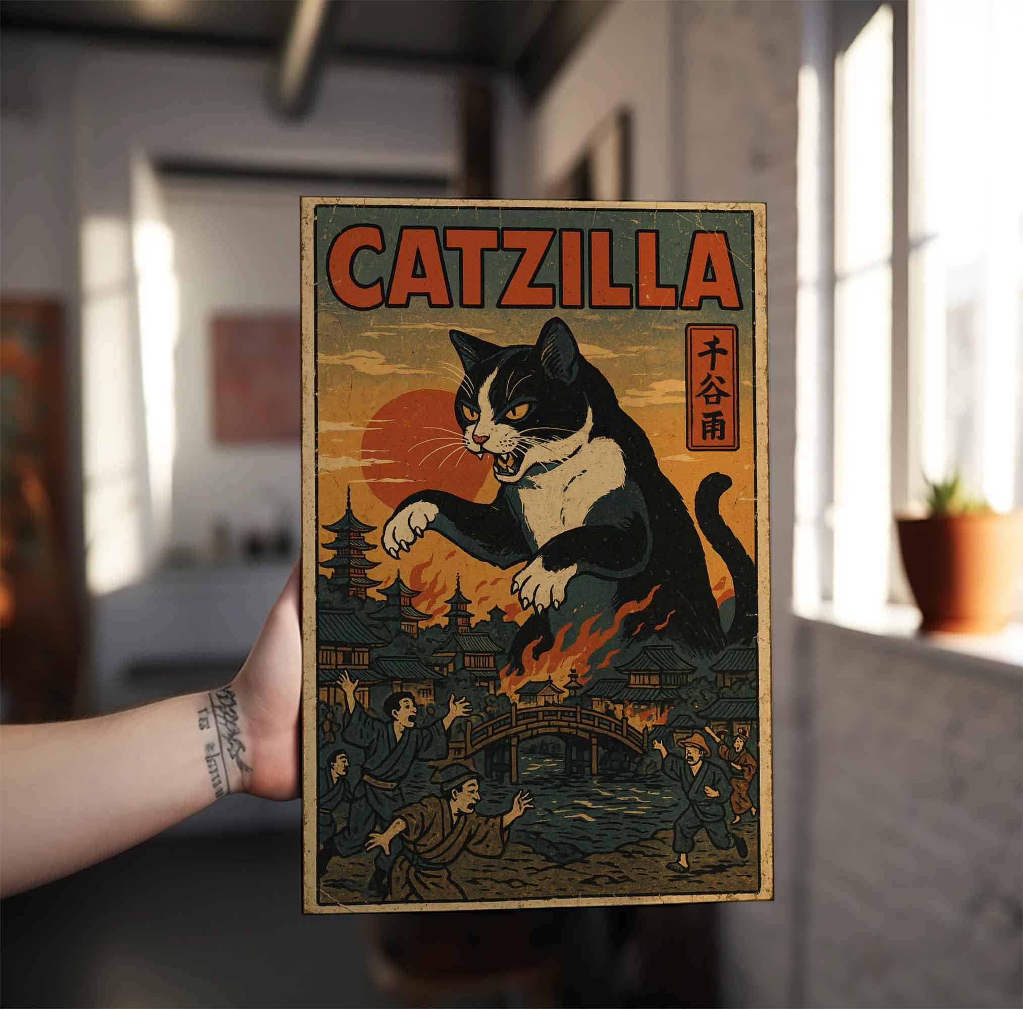 Catzilla Retro Japanese Monster Cat Poster: Animal Wall Art