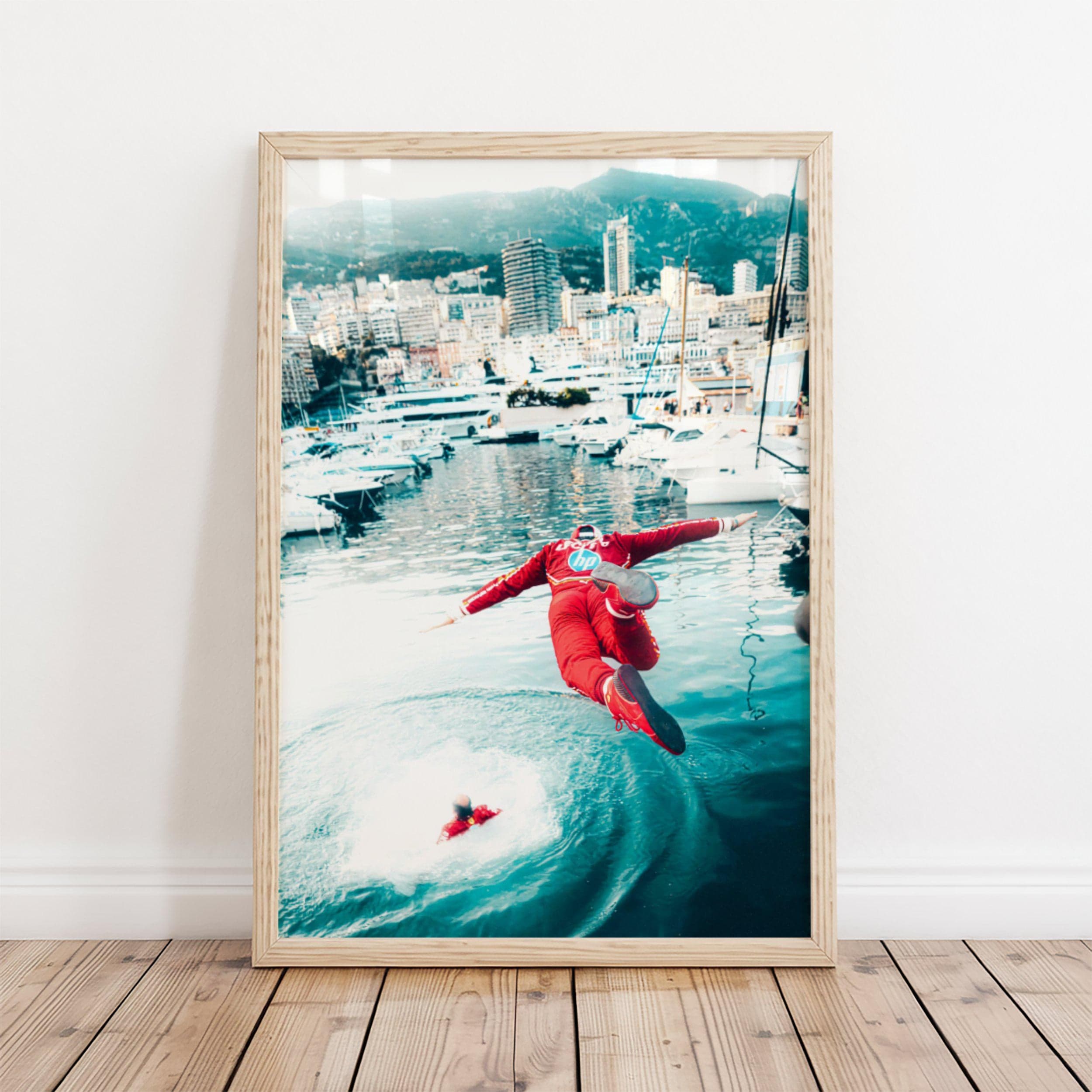 Charles Leclerc Pool Jump Poster, Ferrari Formula 1 Wall Art, Monaco Grand Prix
